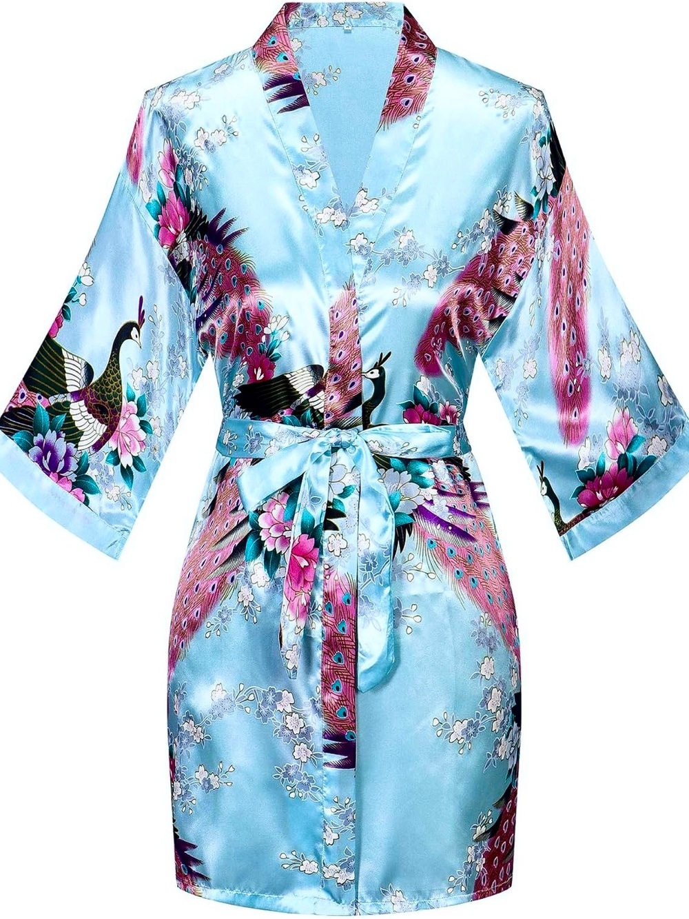 Vintage Kimono Robe | Sky Blue Satin | Peacock Pink Floral Motif | SZ M NWOT